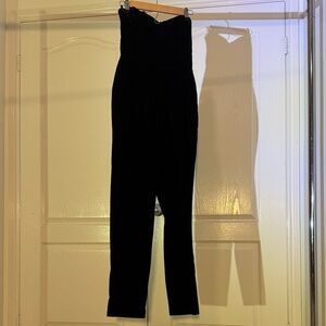 Black Strapless Velvet Jumpsuit - Women's High-Waist Jumpsuit